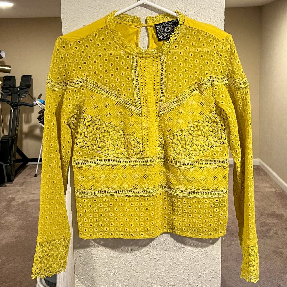 Anthropologie James Coviello Yellow Burnham Long Sleeve Lace Top